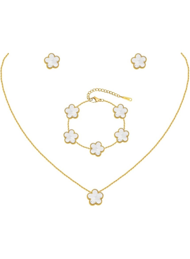 TEMPO (3 Pcs) Clover Necklaces Bracelets Earring Set - 18K Gold Color Plated Flower Bracelet Chain,Stainless Steel Non Tarnish Floral Pendant Stud Jewelry Sets,Four Leaf Clover Lucky Gift for All Occasion - Image 1